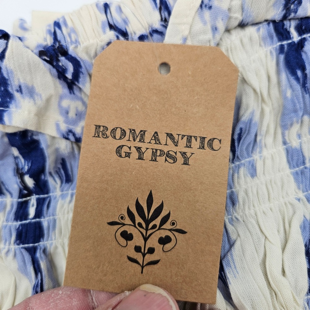 Romantic‎ Gypsy Geometric Printed Ruffle Tiered Dress Ivory Blue 1X - Picture 2 of 8